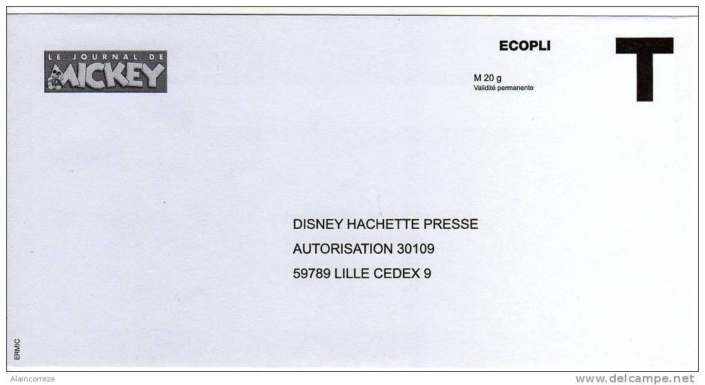 Enveloppe Correspondance Réponse Ecopli Disney Hachette Presse Pour "Le Journal De Mickey" Nord Lille - Karten/Antwortumschläge T