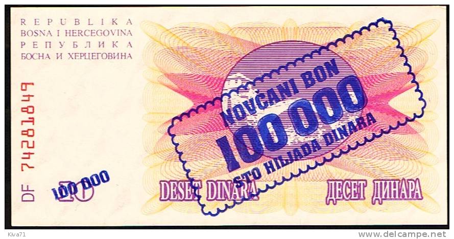 **Pas Courant** 100 000 Dinard Sur 10    "Bosnie-Herzegovine" 1 IX 1993  P34a  UNC  Bc 15 - Bosnië En Herzegovina