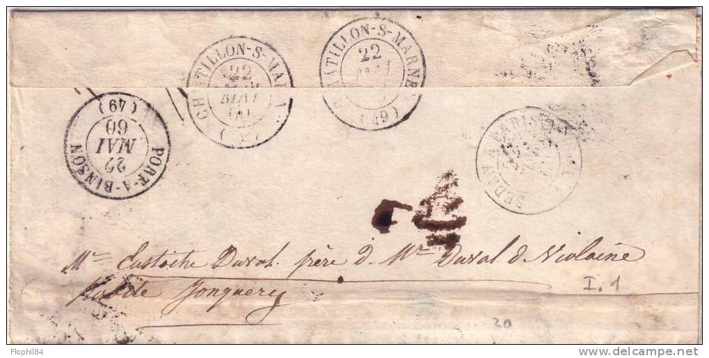 MARNE-REIMS 21-5-1860 + TXE 30 VERSO DIVERS CACHETS - 1859-1959 Covers & Documents