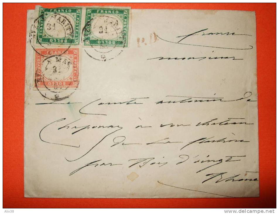 Petite Enveloppe Du Comté De Nice. Cad Sarde De Nice De 1856 Sur Timbres Sardes N°10b Et N°13.  Beau - Sardinië