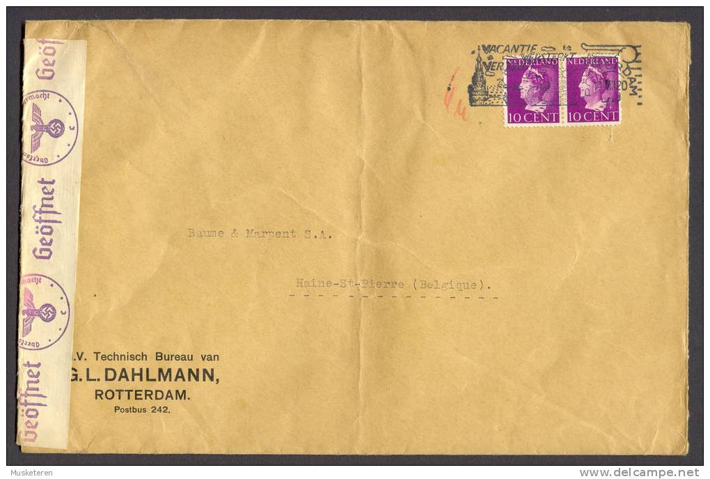 Netherlands G. L. DAHLMANN, ROTTERDAM Cover Brief HAINE-ST. PIERRE Belgium 'O.K.W.' Geöffnet Censor Label Wilhelmina - Covers & Documents