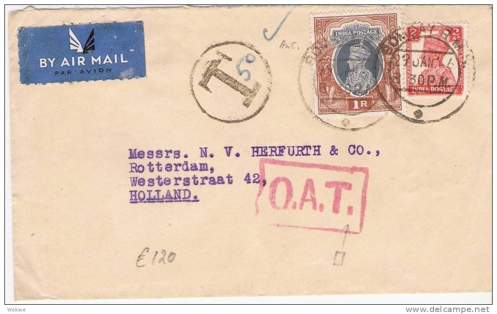IB044/  INDIEN -Georg VI Frankatur 1946, Postage Due, OAT (square Dots) N. NL - 1936-47 Roi Georges VI