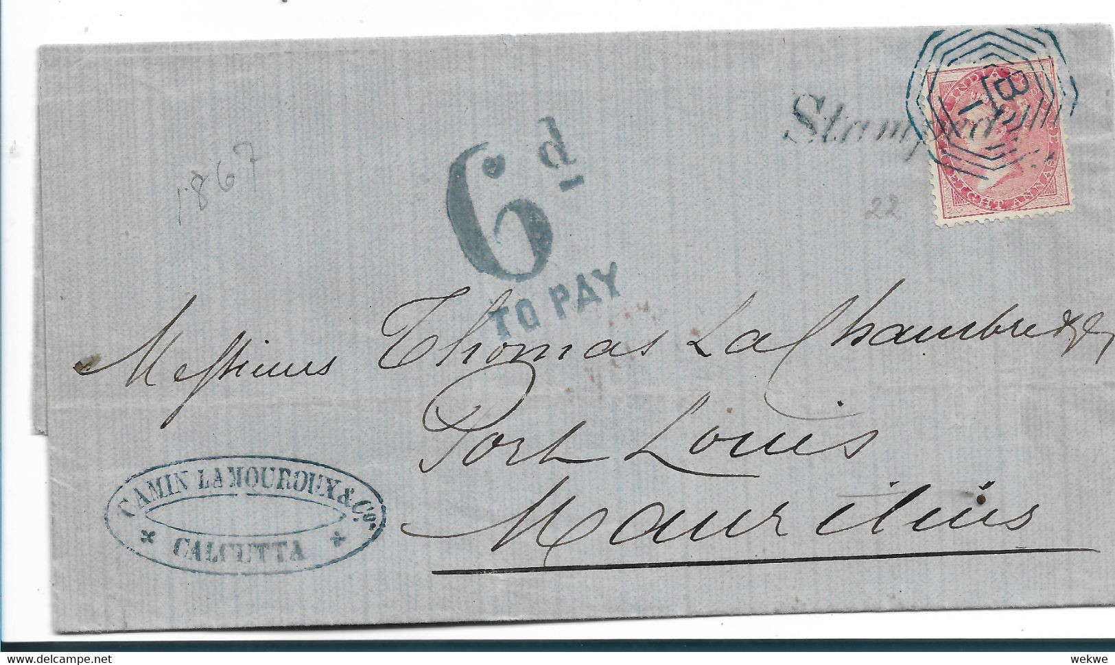 IB052/  INDIEN - Calcutta Stamped 8 A. + 6d To Pay, Nach Mauritius 1867 - 1858-79 Compagnia Delle Indie E Regno Della Regina