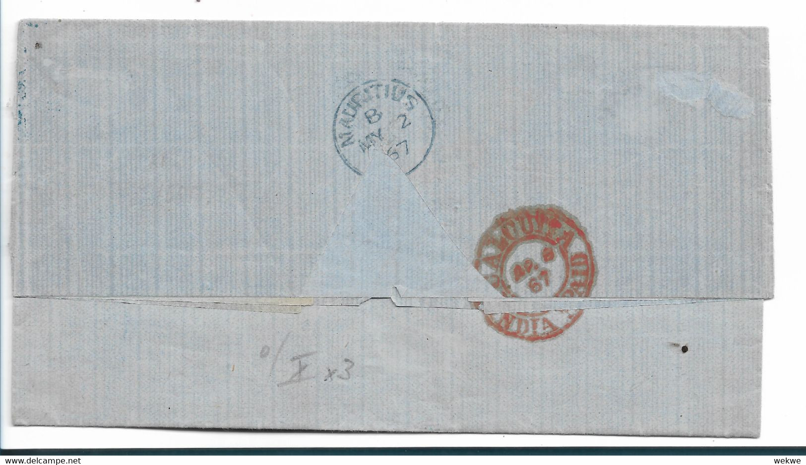 IB052/  INDIEN - Calcutta Stamped 8 A. + 6d To Pay, Nach Mauritius 1867 - 1858-79 Compagnia Delle Indie E Regno Della Regina