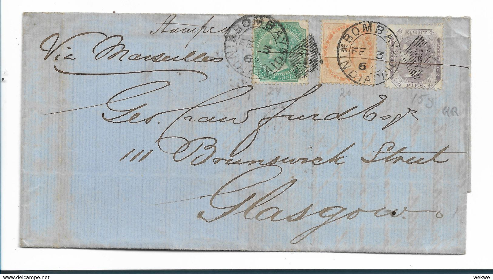 IB070/  INDIEN - Bombay, 3 Farben 1867, Tarif 6 Anas, 8 Pies Nach Schottland - 1858-79 Crown Colony