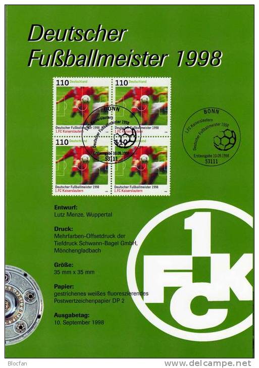 1.FC Kaiserslautern Fussballmeister 1998 Erinnerungsblatt BRD 2010+EB4 ** Plus O 9€ Football Soccer Document Of Germany - Berühmte Teams