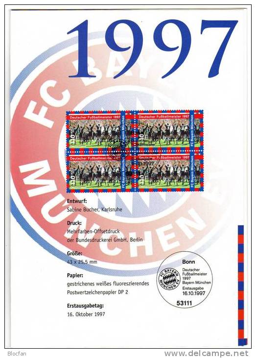 FC Bayern München Fussballmeister 1997 Erinnerungsblatt BRD 1958+EB4/97 ** Plus O 9€ Football Soccer Document Of Germany - Beroemde Teams