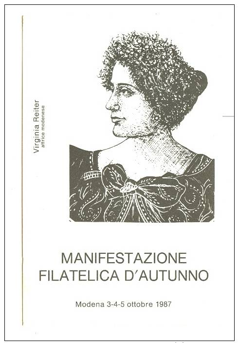 50° Anniv.Morte Di Virginia REITER-Manif.Fil.d'Autunno-MODENA 3/5ott.1987-Ann.Filat.3.10.1987-disegno Di Sandra MALAGOLI - Non Classés