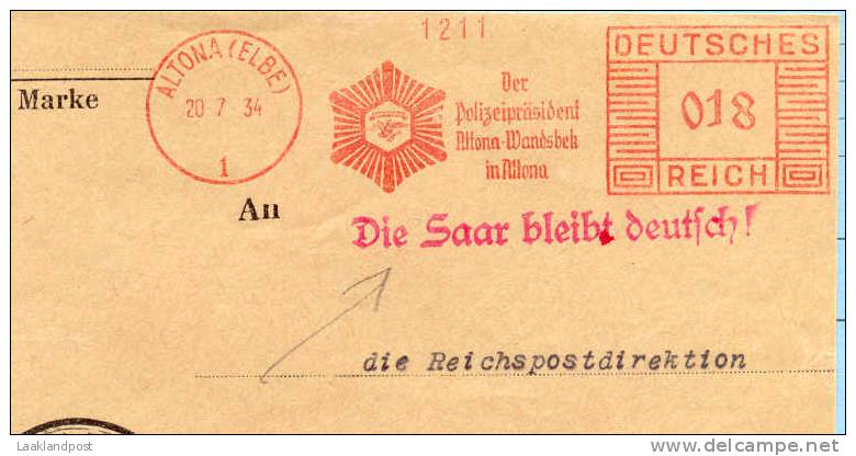 Germany Top Meter DIE SAAR BLEIBT DEUTSCH Altona (Elbe) 20-7-1934 - Sonstige & Ohne Zuordnung