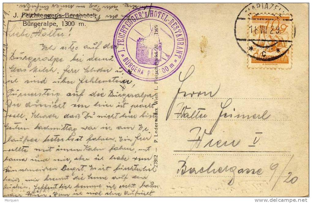 48476. Postal Mariazell (austria) 1929. Pico Burguera. Funicular, Marca Hotel - Covers & Documents