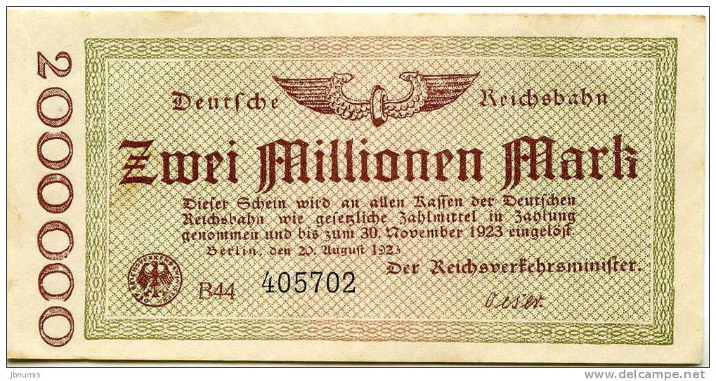 Allemagne Germany 2 Millionen Mark 20 August 1923 Reichsbahn - 2 Millionen Mark