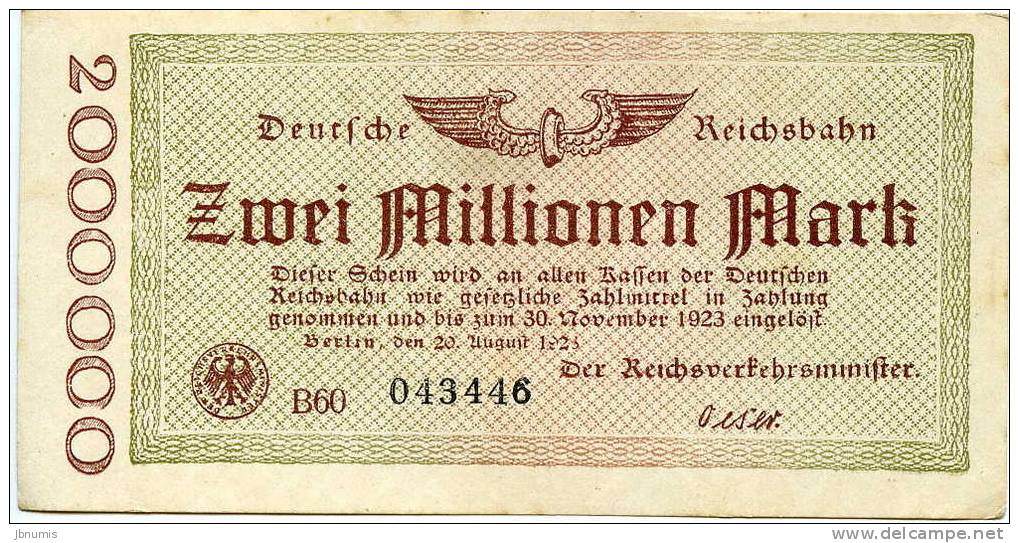 Allemagne Germany 2 Millionen Mark 20 August 1923 Reichsbahn - 2 Millionen Mark