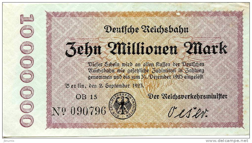 Allemagne Germany 10 Millionen Mark 2 September 1923 Reichsbahn - 10 Mio. Mark