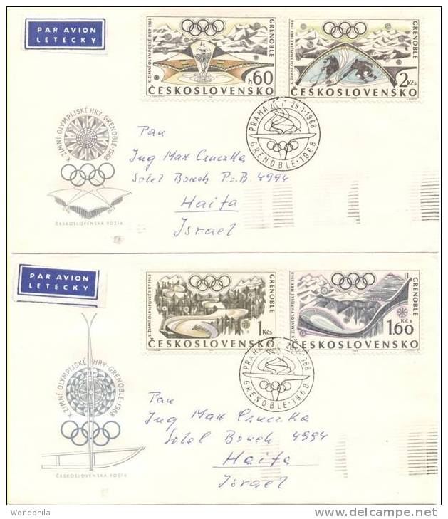 Grenoble Olympic Games Czechoslovakia / Ceskoslovensko/ CSSR-Israel 2 FDC Scott#1516-19 1968 - Winter 1968: Grenoble