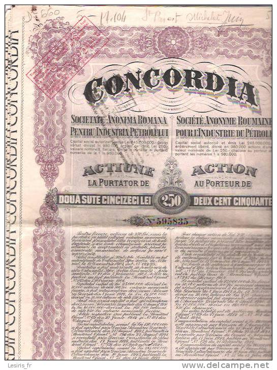 SOCIETE ANONYME ROUMAINE POUR L'INDUSTRIE DU PETROLE - CONCORDIA - ACTION AU PORTEUR DE 250 LEI - 1923 - VERSCHUEREN - - Pétrole