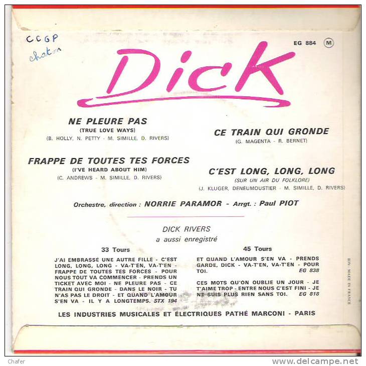 Vinyle 45 Tours  - Dick Rivers - Ne Pleure Pas - Frappe De Toutes Tes Forces -  Pathé EG 884 - Disco, Pop