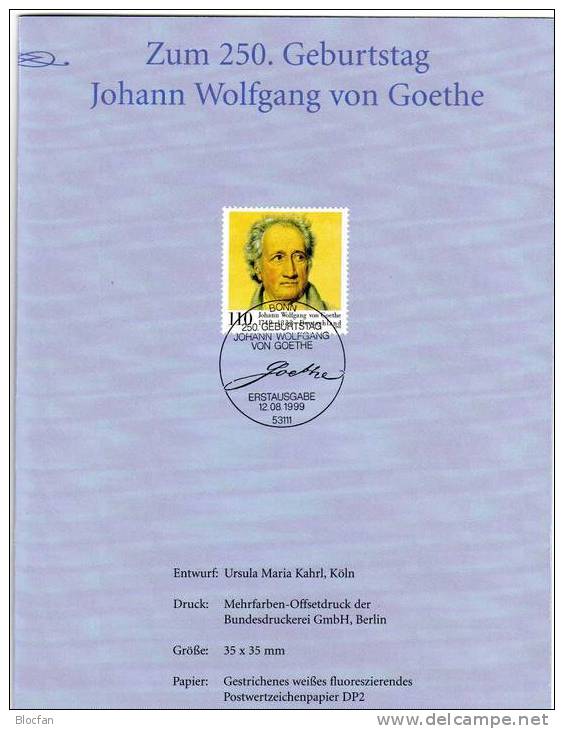 Goethejahr Jahresblock 1999 Erinnerungen An Den Dichter BRD 2073 + JG16 ** Plus O 4€ - Teatro