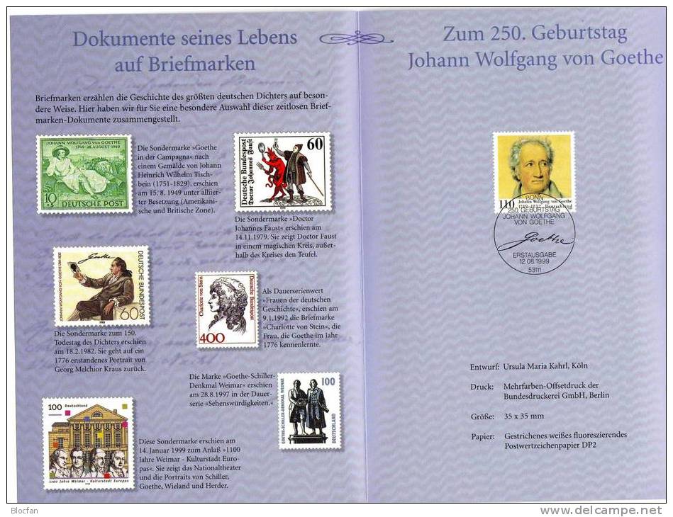 Goethejahr Jahresblock 1999 Erinnerungen An Den Dichter BRD 2073 + JG16 ** Plus O 4€ - Teatro