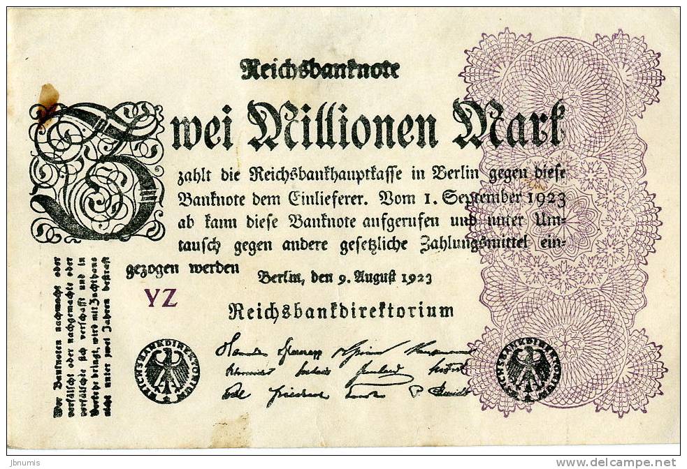 Allemagne Germany 2 Millionen Mark 9 August 1923 P104a - 2 Millionen Mark