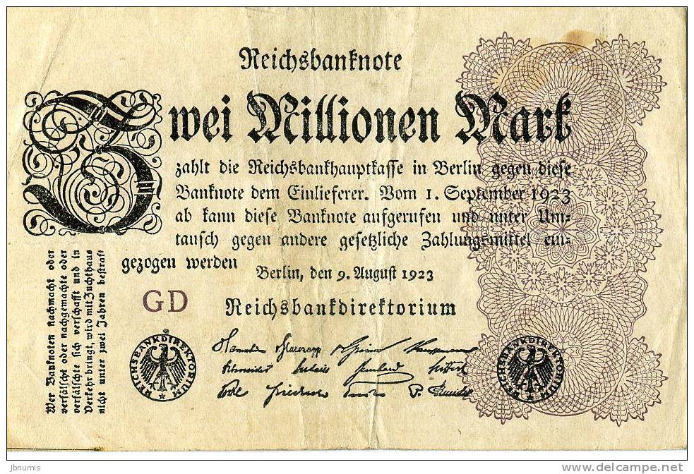 Allemagne Germany 2 Millionen Mark 9 August 1923 P104a - 2 Mio. Mark