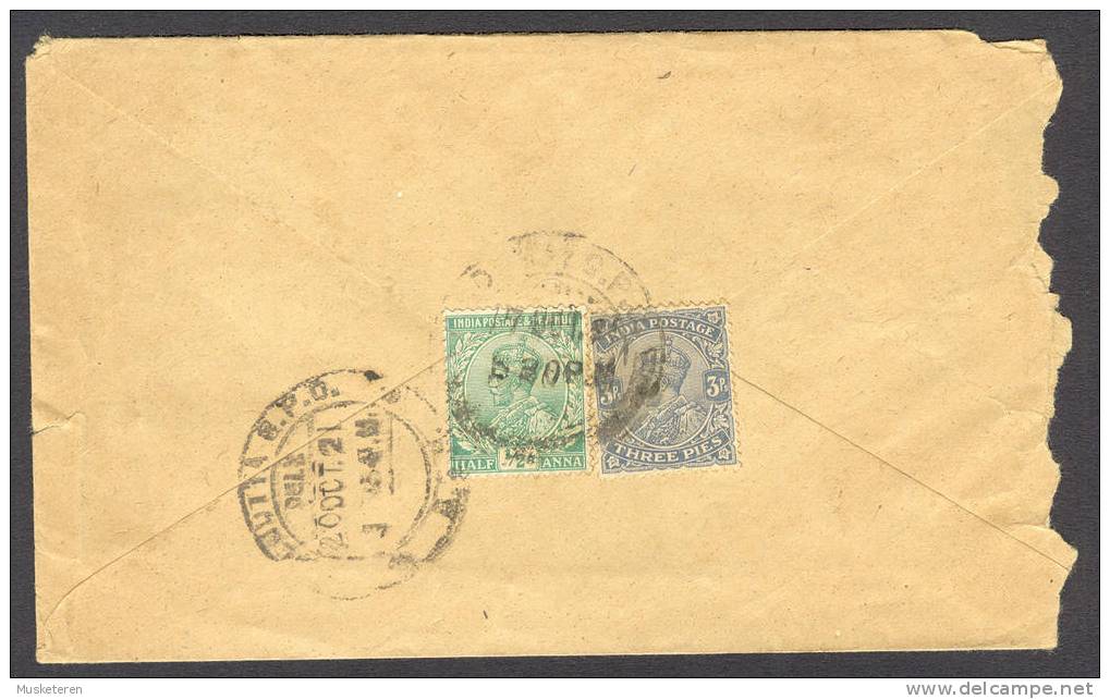 British India King George V Reverse Side Franked Cover Locally Sent In Calcutta 1921 (2 Scans) - 1911-35 Roi Georges V