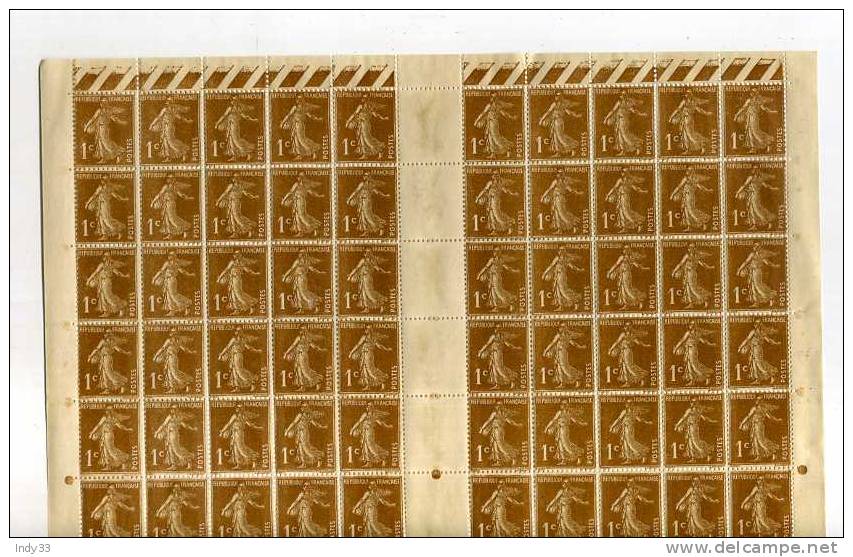 - FRANCE SEMEUSE CAMEE . FEUILLE DE 100 TIMBRES . 1c SEMEUSE . DATEE 28.1.37 - Feuilles Complètes