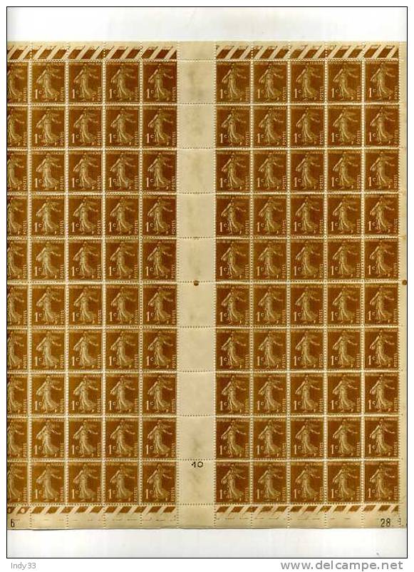 - FRANCE SEMEUSE CAMEE . FEUILLE DE 100 TIMBRES . 1c SEMEUSE . DATEE 28.1.37 - Feuilles Complètes