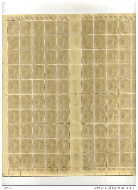 - FRANCE SEMEUSE CAMEE . FEUILLE DE 100 TIMBRES . 1c SEMEUSE . DATEE 28.1.37 - Feuilles Complètes