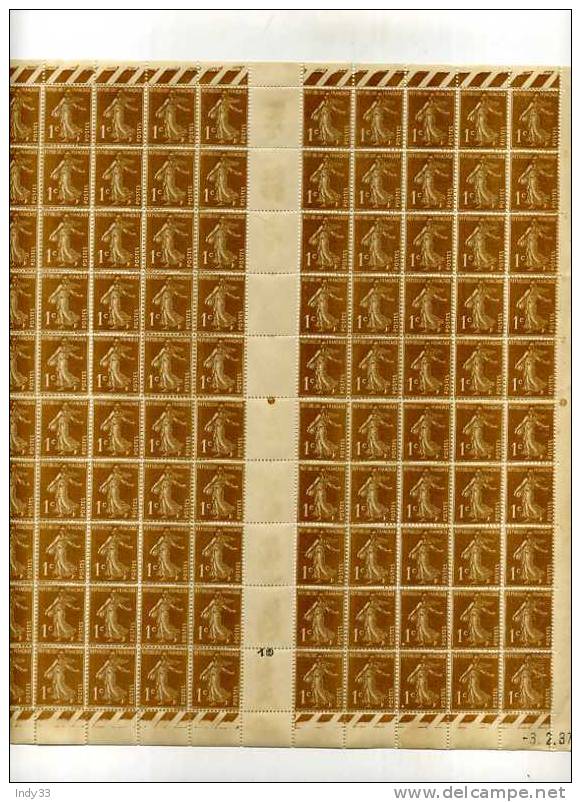 - FRANCE SEMEUSE CAMEE . FEUILLE DE 100 TIMBRES . 1c SEMEUSE . DATEE 3.2..37 - Feuilles Complètes