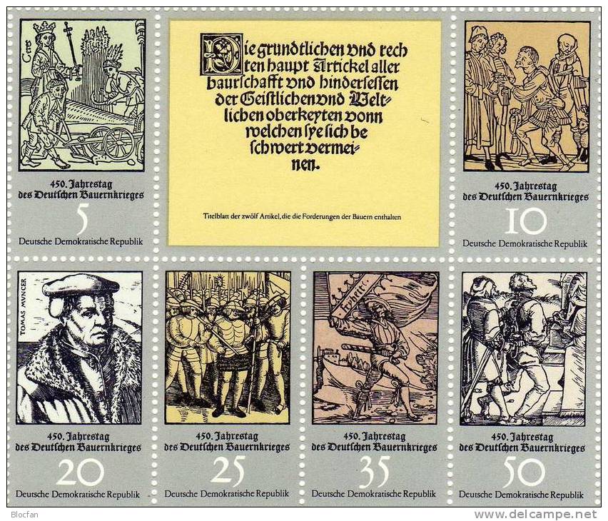 Bauernkrieg-KB 1975 DDR 2013/8, 7-Kleinbogen Mit Zierfeld ** Plus O 15€ Military Bloc History Sheetlet Of Germany - Se-Tenant