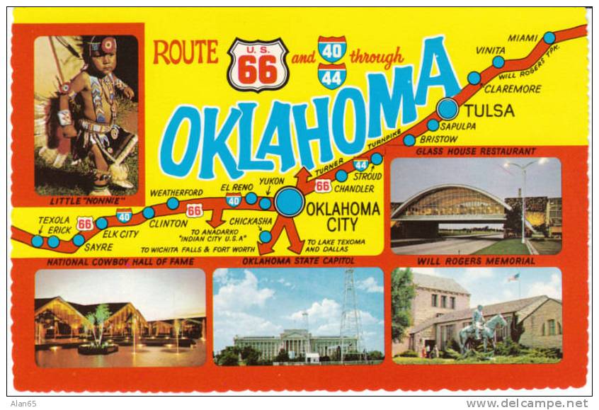 Route 66 Oklahoma Map Vintage Postcard, Indians, Restaurant, Will Rogers, American Roadside - Route '66'