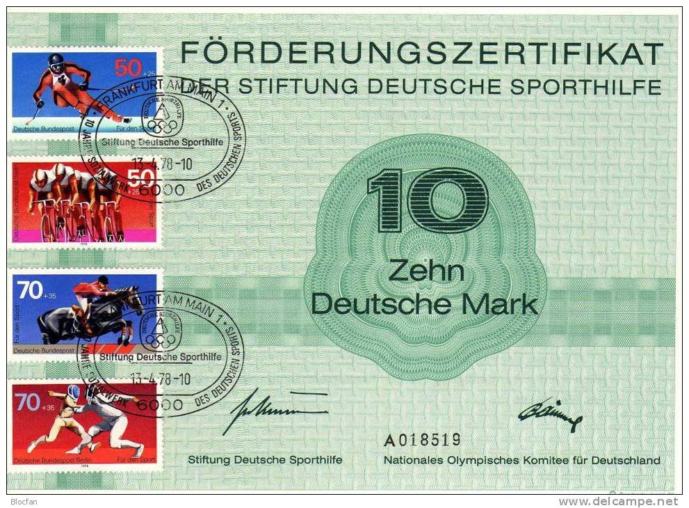 Sportzertifikat 1978 Sporthilfe Sportarten ** Plus O  BRD 958/68, Berlin 567/8 + Zf. 12 SST 32€ Document Of Germany - Salto