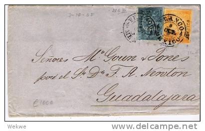 Mex150/ -   Mexiko  - Michel 20 B III + 21 A III 1865. Mexiko-Stadt Nach Guadalajara (Brief, Cover, Letter, Lettre) - Mexiko