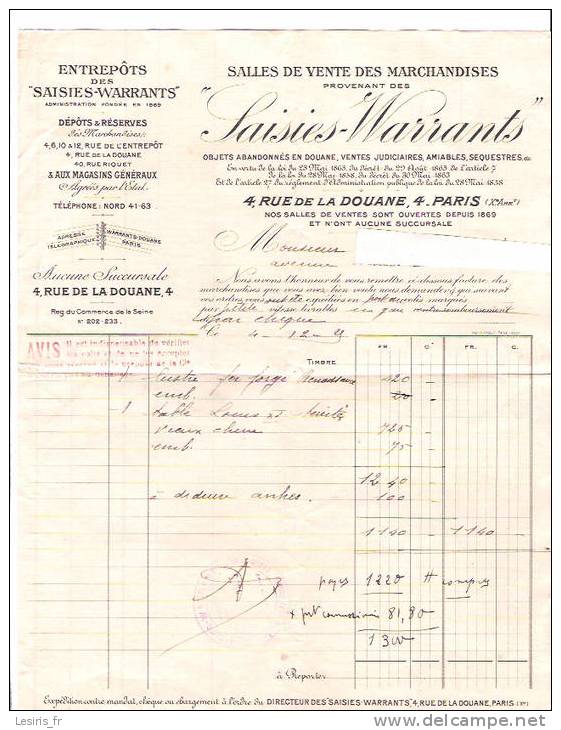 FACTURE - SALLES DE VENTE DES MARCHANDISES - SAISIES WARRANTS - PARIS - 1925 - Autres & Non Classés