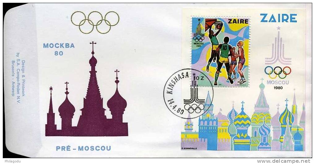 FDC  Bloc ZAIRE Non émis 1980  Olympique MOSCOU  Tirage Microscopique  Cote 150 E - Baloncesto