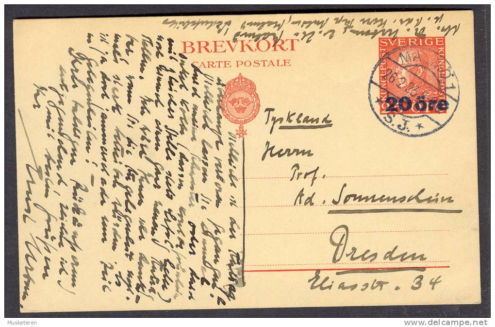 Sweden Postal Stationery Ganzsache Overprinted 20/25 Malmö S.J. (Railway Cancel) 1922 To Dresden Germany - Entiers Postaux