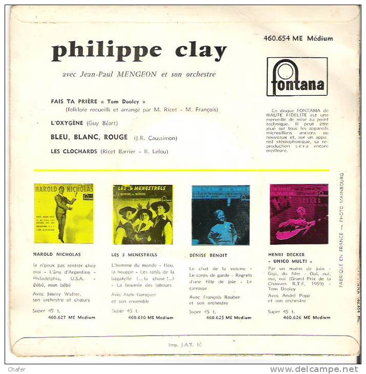 Vinyle 45 Tours  - Philippe Clay - Bleu Blanc Rouge - Fontana 460.654 - Disco, Pop