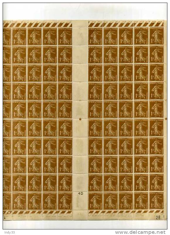 - FRANCE N°277 Y T . FEUILLE DE 100 TIMBRES . 1c SEMEUSE . DATEE 28.I.37 - Volledige Vellen