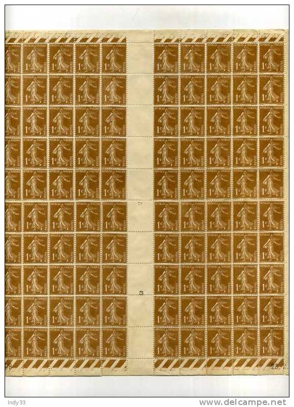 - FRANCE N°277 Y T .  FEUILLE DE 100 TIMBRES . 1c SEMEUSE . DATEE 23.2.38 - Feuilles Complètes