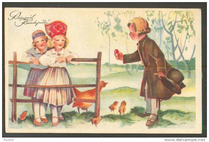 1939, ESTONIA, ETHNIC GIRLS AND BOY IN FOLK COSTUMES, HEN, CHICKEN ,VINTAGE USED  POSTCARD - Non Classés
