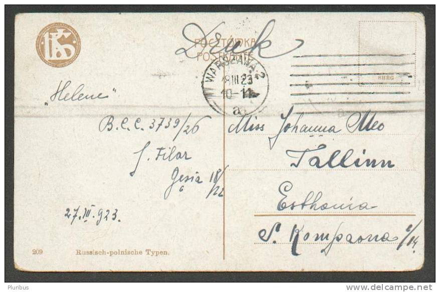 1923 POLAND TO ESTONIA, STAMPLESS MAIL (MILITARY ?), RUSSIAN- POLISH ETNIC TYPES, VINTAGE POSTCARD - Covers & Documents