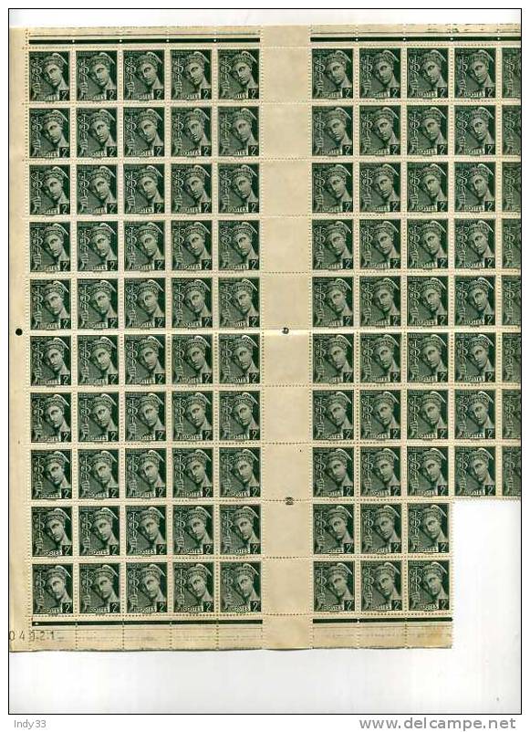 - FRANCE N°405 Y T . FEUILLE DE 100 TIMBRES . 2c  MERCURE . MANQUE LES 4 DERNIERS TIMBRES EN BAS . - Hojas Completas