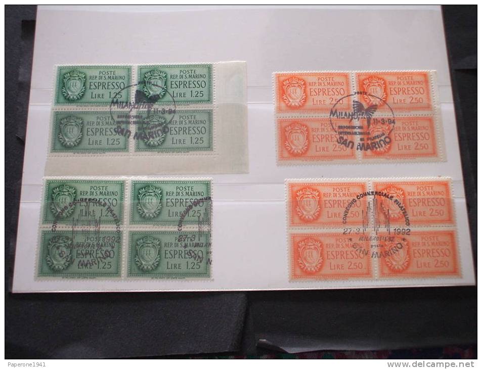 SAN MARINO - ESPR.1943 STEMMA  2 Valori, In Quartine(blocks Of Four)-TIMBRATI/USED(annullo Insetto Farfalla) - Express Letter Stamps