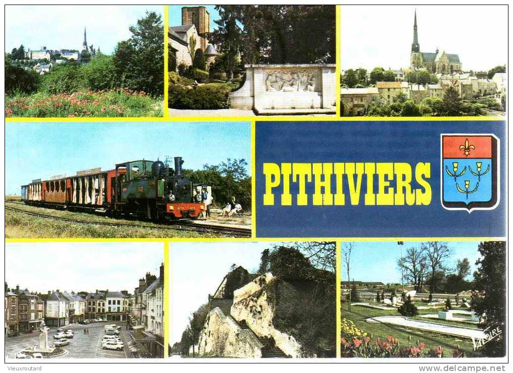 CPSM.  PITHIVIERS. VUE GENERALE. JARDINS DE LA MAIRIE. EGLISE ST SALOMON ET ST GREGOIRE. TRAIN A VAPEUR DU MUSEE ...1998 - Pithiviers