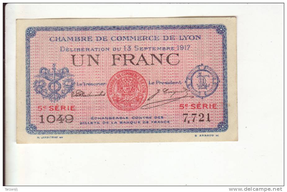 Billet De Nécessité De La Chambre De Commerce De Lyon 1 Franc - Notgeld