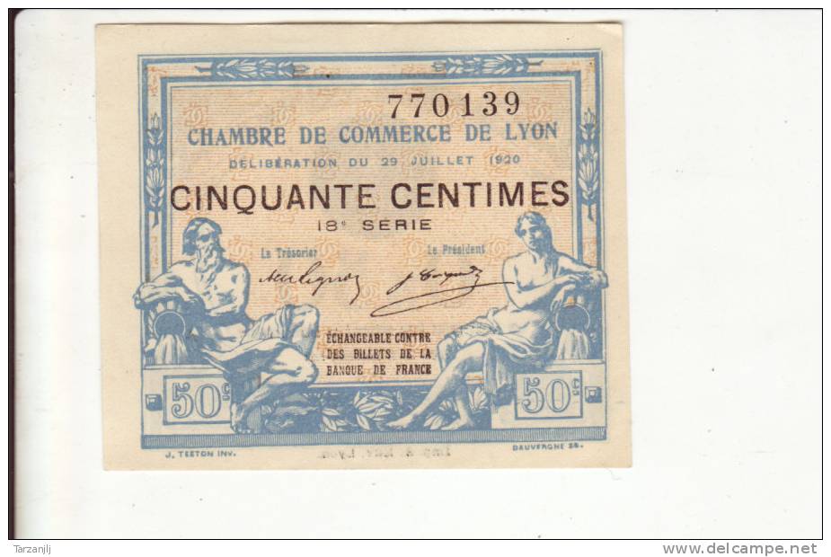 Billet De Nécessité De La Chambre De Commerce De Lyon:  50 Centimes - Bons & Nécessité