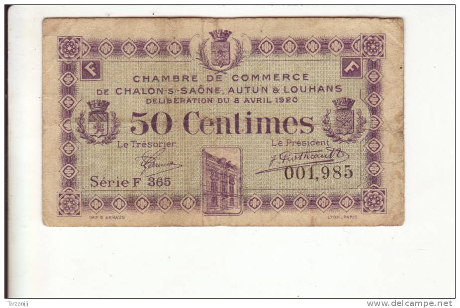 Billet De Nécessité De La Chambre De Commerce De Chalon Sur Saône, Autun, & Louhans:  50 Centimes - Bons & Nécessité