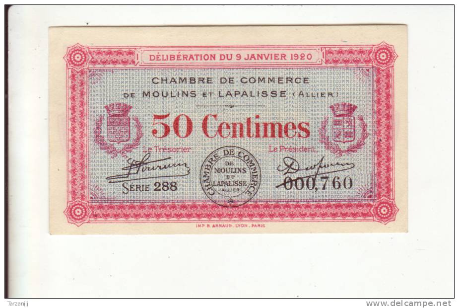 Billet De Nécessité De La Chambre De Commerce De Moulin Et Lapalisse :  50 Centimes - Bonds & Basic Needs