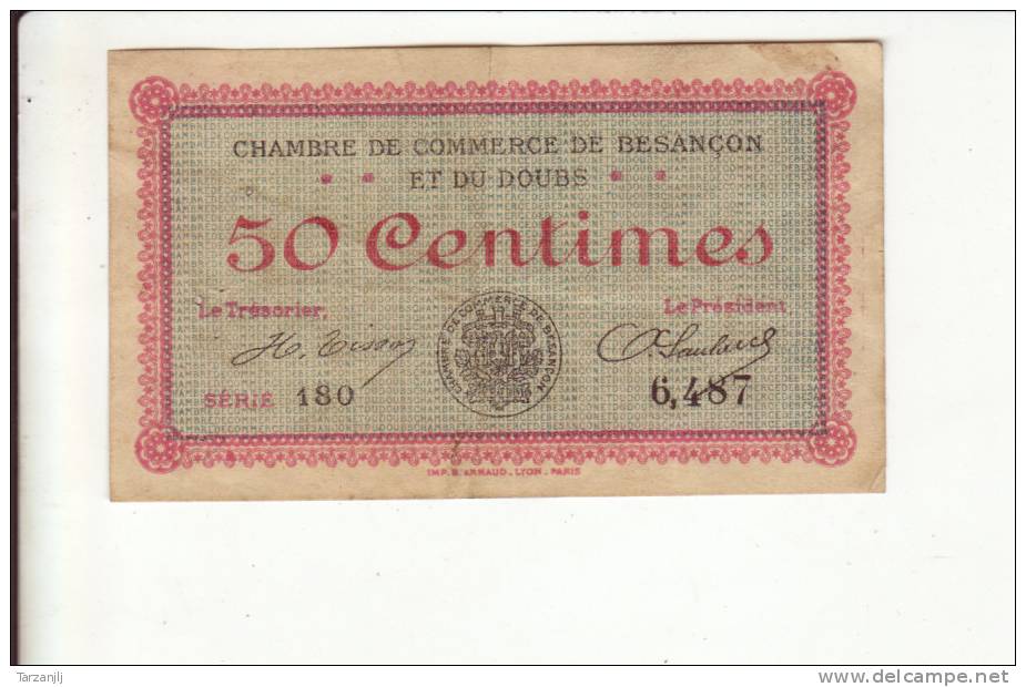 Billet De Nécessité De La Chambre De Besançon Et Du Doubs :  50 Centimes - Buoni & Necessità