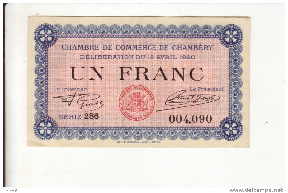 Billet De Nécessité De La Chambre De Commerce De Chambéry :  1 Franc - Notgeld